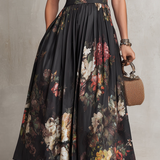 Patricia | Robe Midi Plissée en Satin Floral Noir