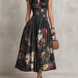Patricia | Robe Midi Plissée en Satin Floral Noir