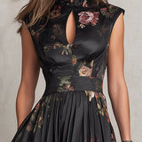 Patricia | Robe Midi Plissée en Satin Floral Noir