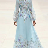 Mia | Robe Maxi Chiffon Floral Bleu Clair avec Décolleté en V