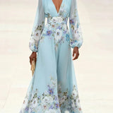 Mia | Robe Maxi Chiffon Floral Bleu Clair avec Décolleté en V