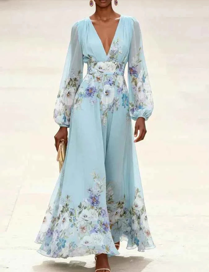Mia | Robe Maxi Chiffon Floral Bleu Clair avec Décolleté en V