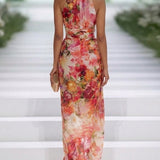 Fae | Robe Maxi Sans Manches en Chiffon Rouge à Fleurs
