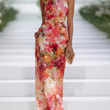 Fae | Robe Maxi Sans Manches en Chiffon Rouge à Fleurs
