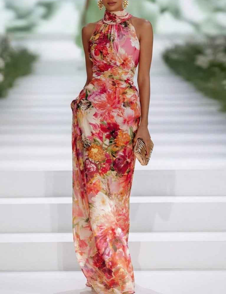Fae | Robe Maxi Sans Manches en Chiffon Rouge à Fleurs