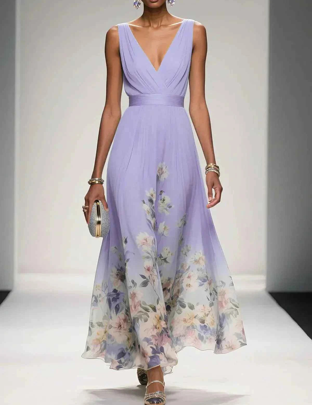 Rosa | Robe Maxi en Chiffon avec Fleurs Bleu Clair et Décolleté en V