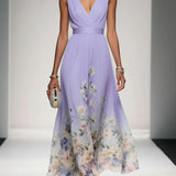 Rosa | Robe Maxi en Chiffon avec Fleurs Bleu Clair et Décolleté en V
