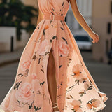 Julie | Robe Maxi Chiffon Florale à Épaules Dégagées Vert Clair