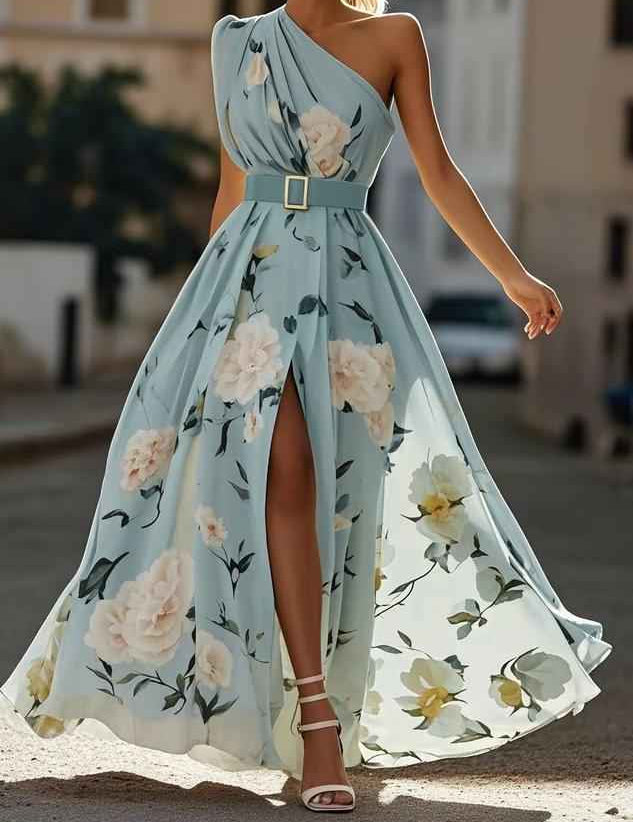 Julie | Robe Maxi Chiffon Florale à Épaules Dégagées Vert Clair