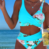 Bikini avec motif floral contrastant et fente