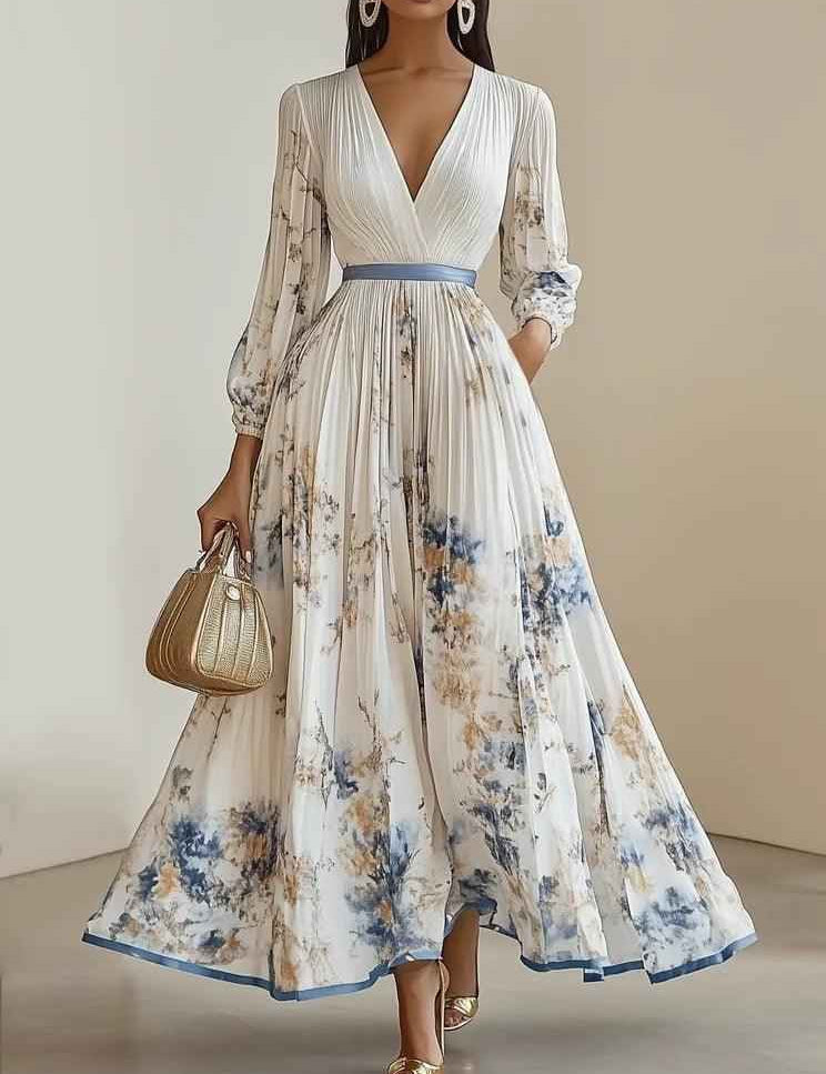 Amalia | Robe Maxi en Chiffon Floral Blanc avec Manches Volumineuses