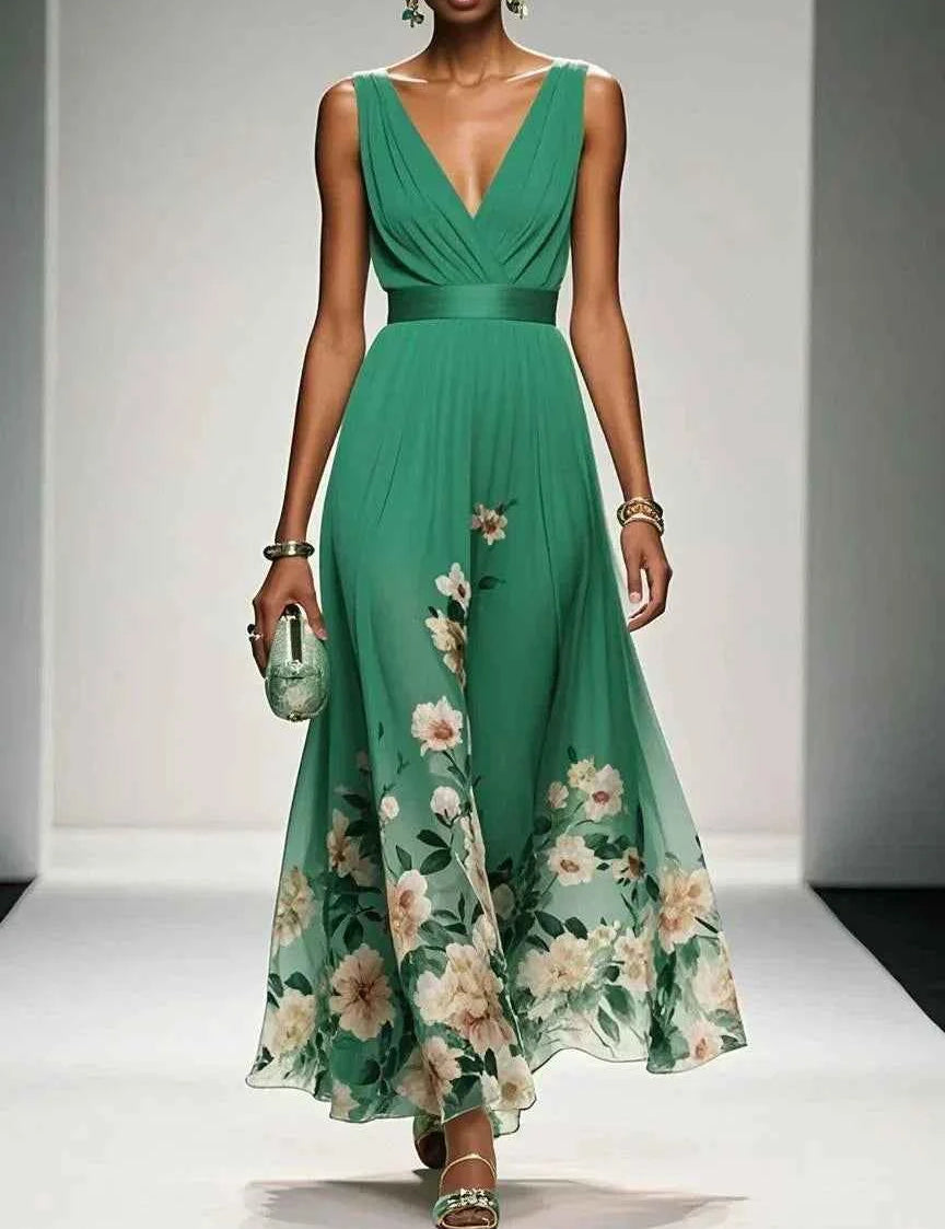 Rosa | Robe Maxi en Chiffon avec Fleurs Bleu Clair et Décolleté en V