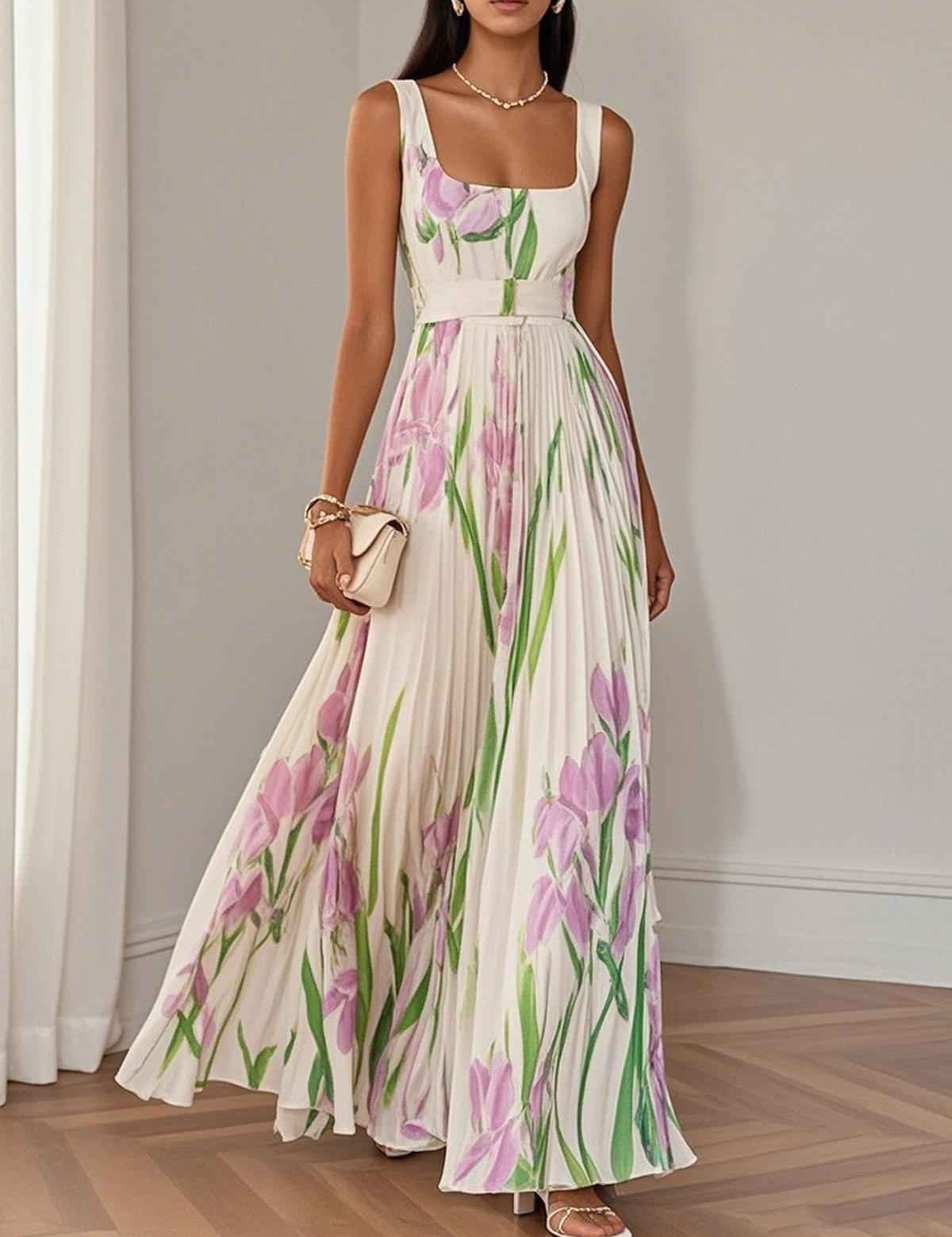 Marie | Robe Maxi Chiffon Florale Plissée Blanche