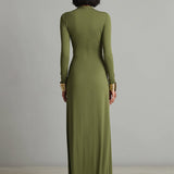 Robe Maxi en Soie Olive à Décolleté en V