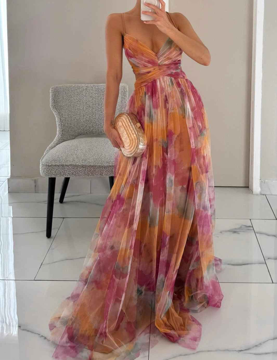 Karen | Robe Maxi Imprimée Fleurie avec Col V