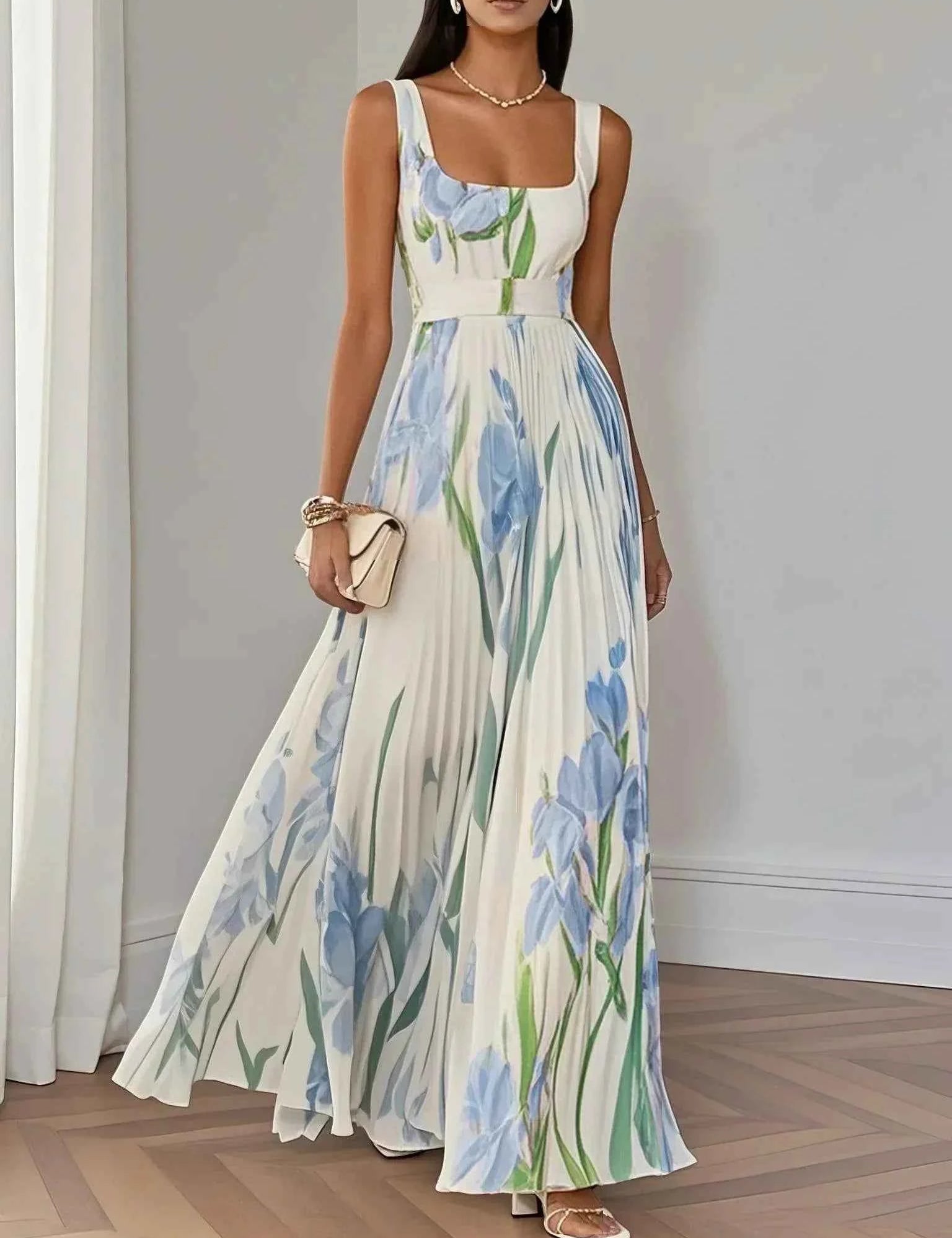 Marie | Robe Maxi Chiffon Florale Plissée Blanche