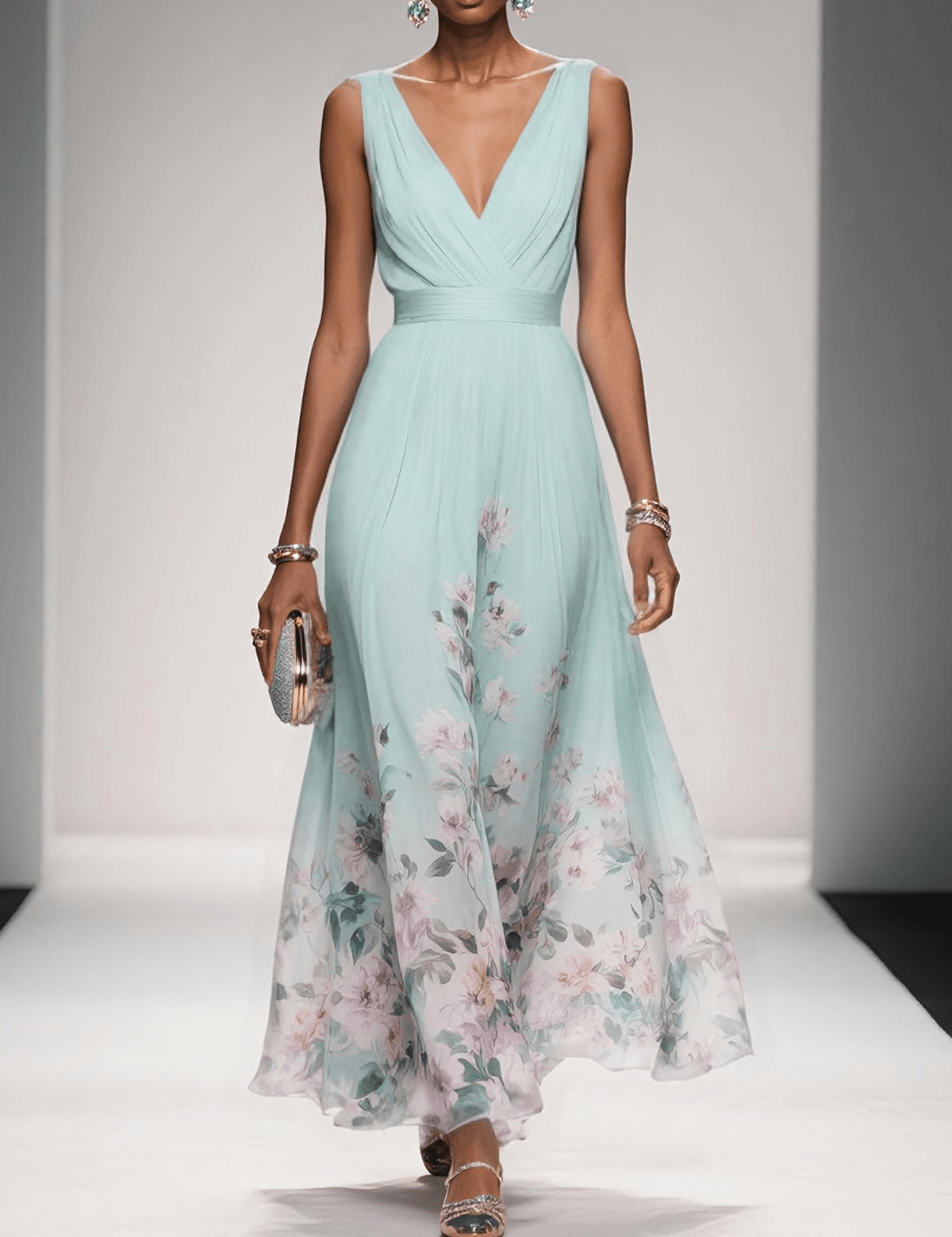 Rosa | Robe Maxi en Chiffon avec Fleurs Bleu Clair et Décolleté en V