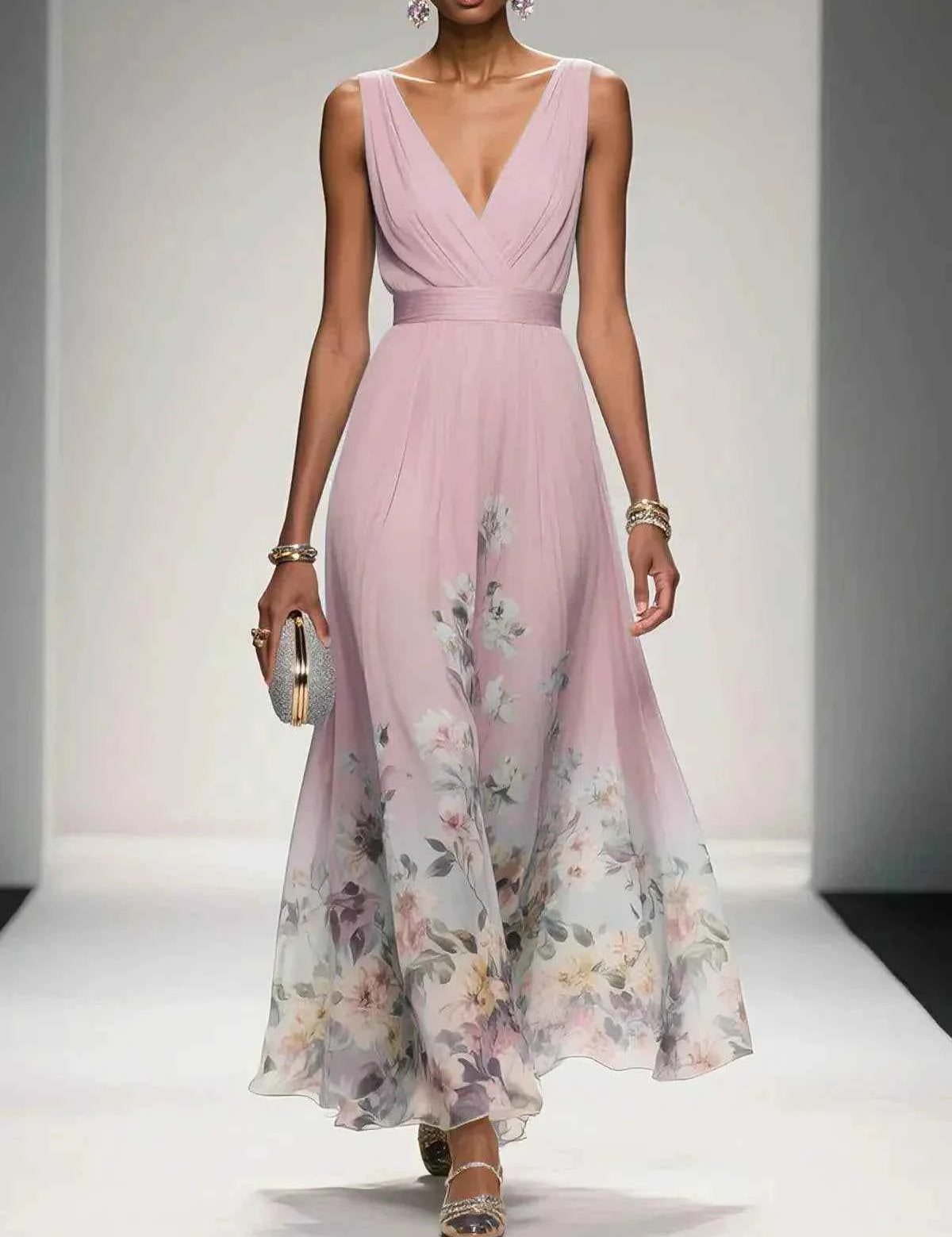 Rosa | Robe Maxi en Chiffon avec Fleurs Bleu Clair et Décolleté en V