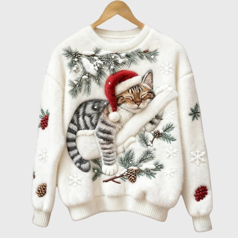 Stefany | Pull en peluche avec chat pour la période festive