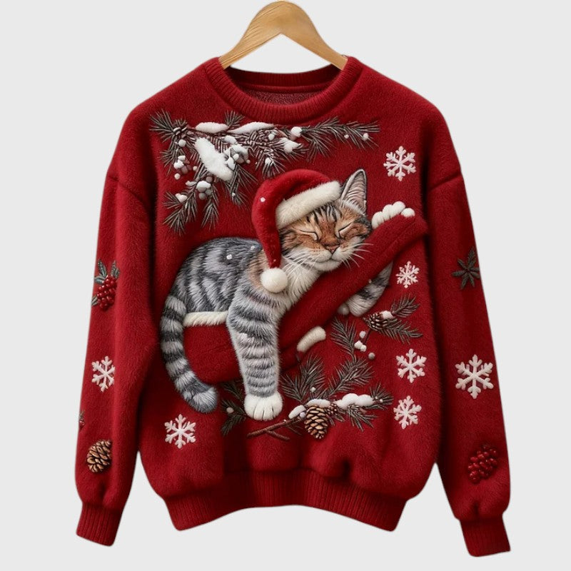 Stefany | Pull en peluche avec chat pour la période festive