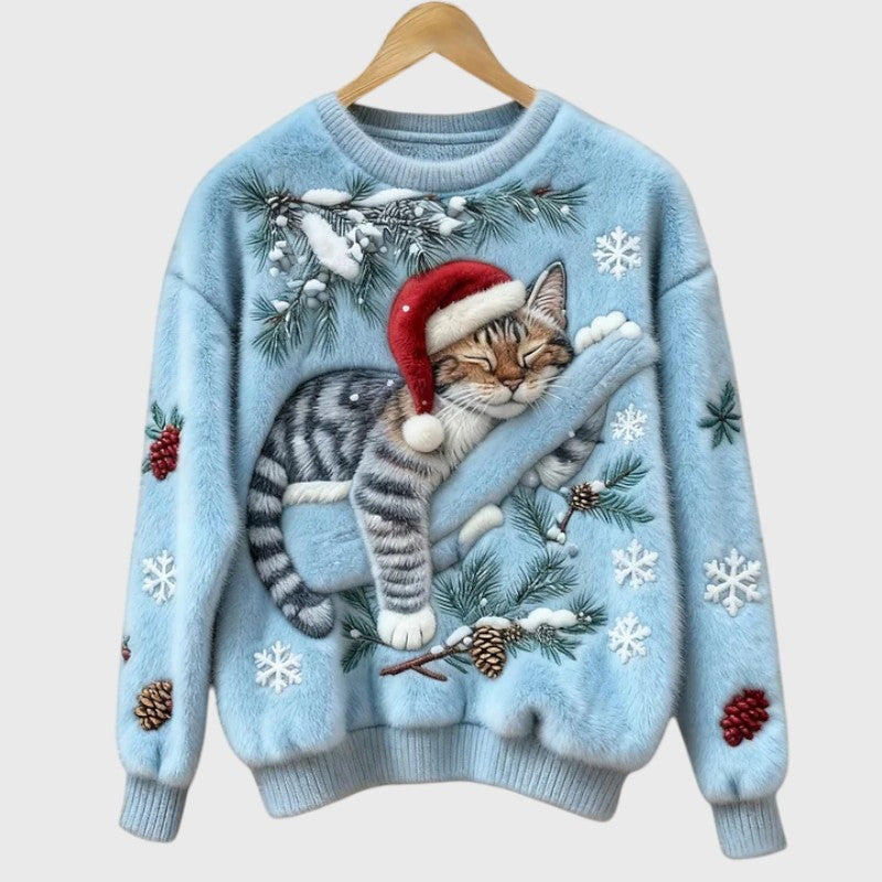 Stefany | Pull en peluche avec chat pour la période festive