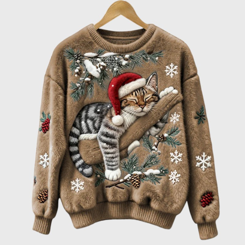 Stefany | Pull en peluche avec chat pour la période festive