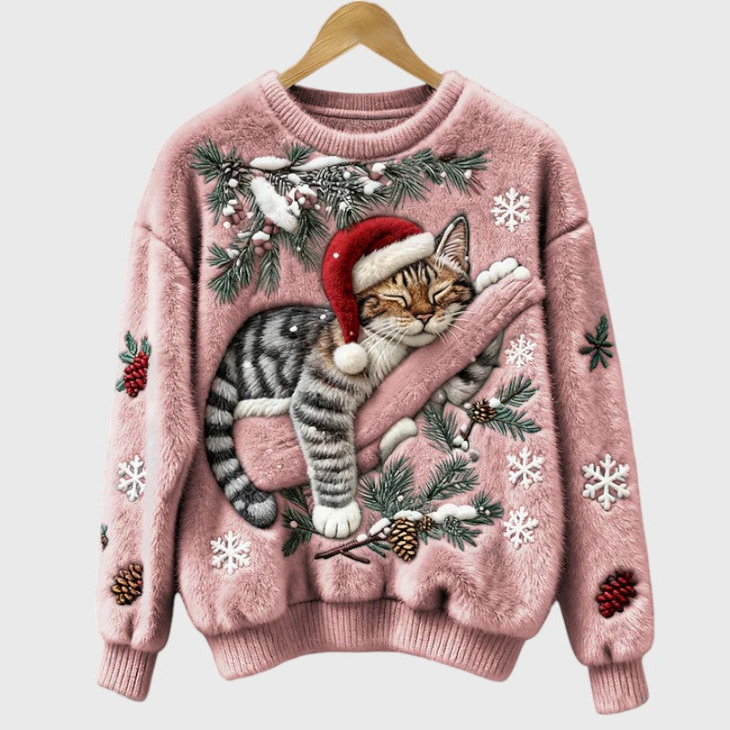 Stefany | Pull en peluche avec chat pour la période festive