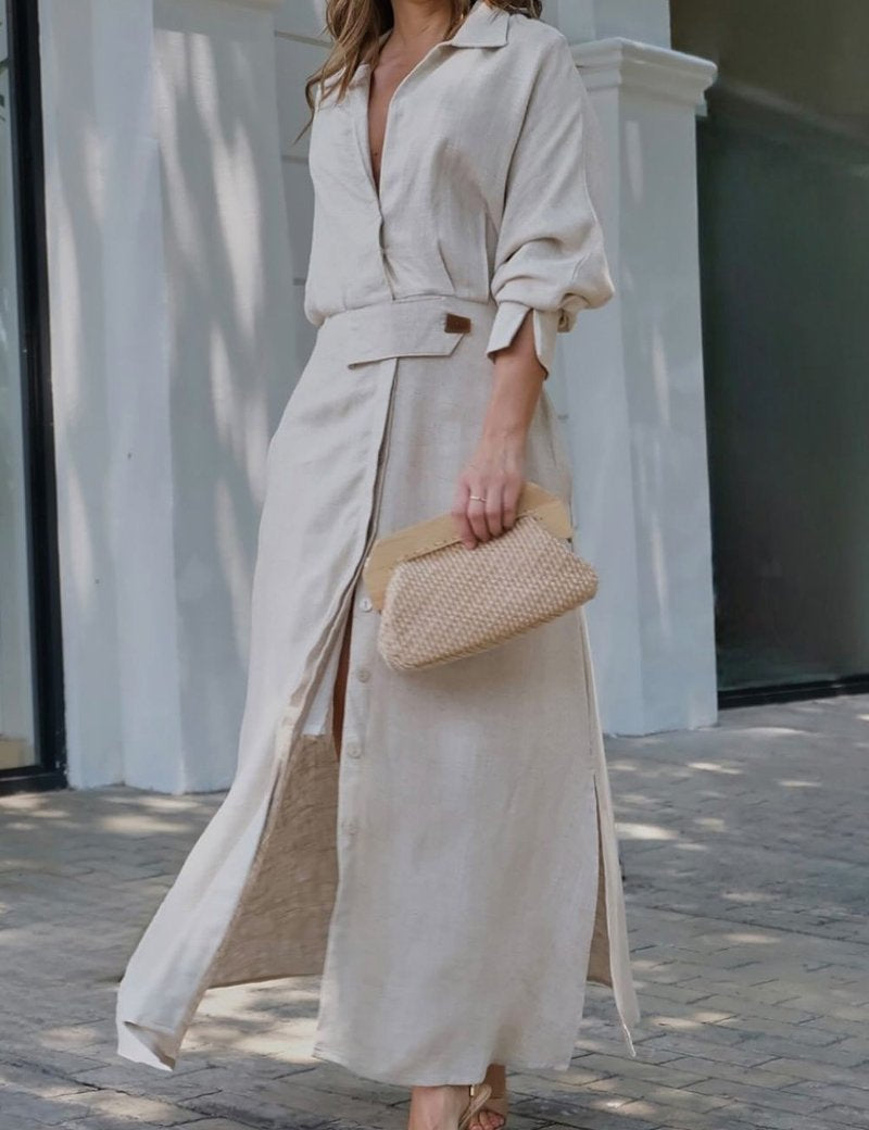 Jeanine™ | Robe longue en lin avec ceinture
