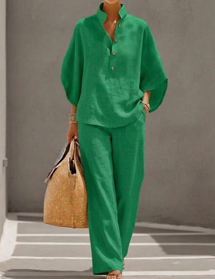 Mariel | Ensemble en Coton et Lin avec Manches Chauve-Souris et Pantalons Amples