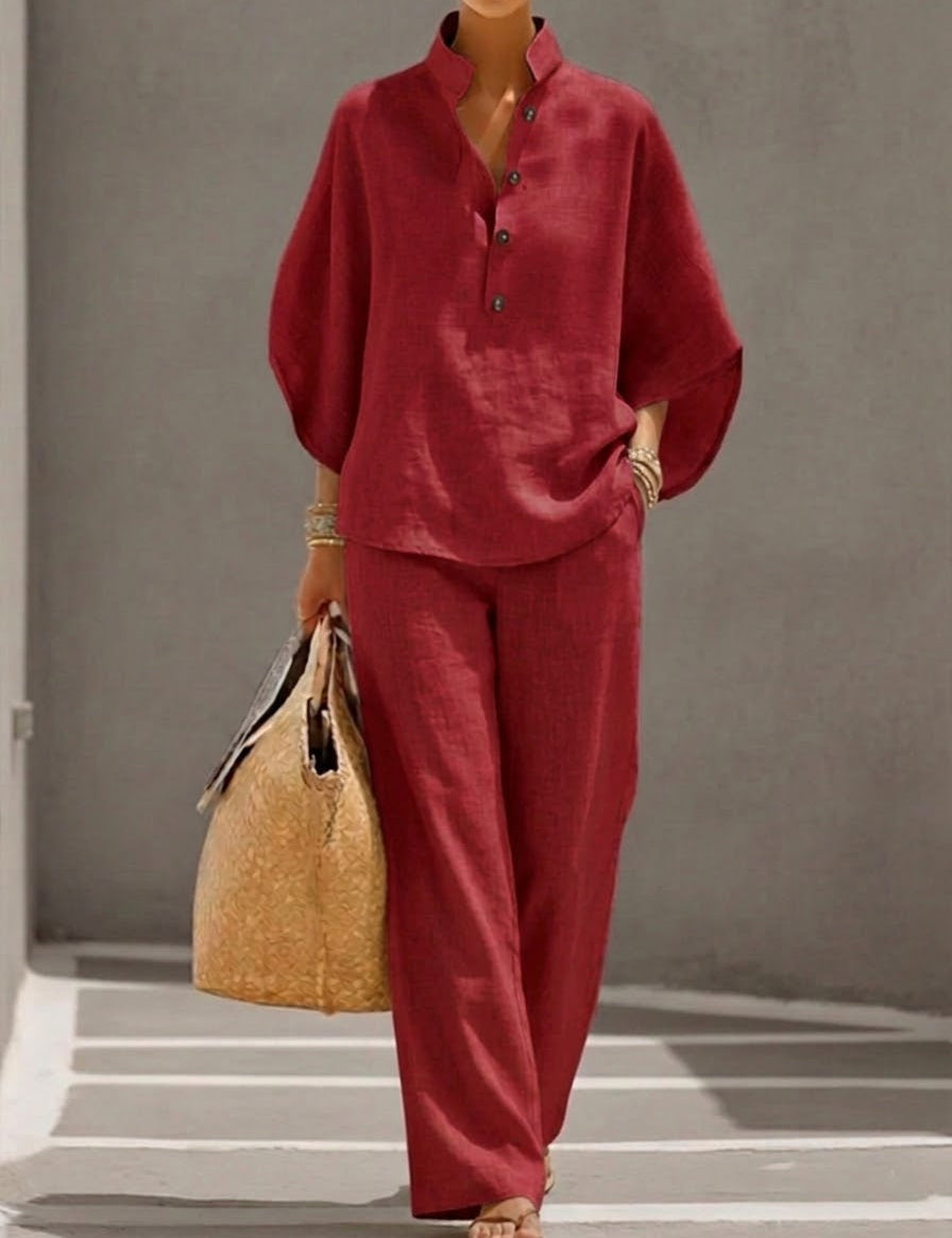 Mariel | Ensemble en Coton et Lin avec Manches Chauve-Souris et Pantalons Amples