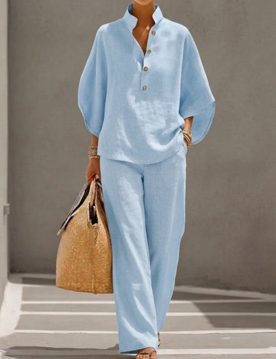 Mariel | Ensemble en Coton et Lin avec Manches Chauve-Souris et Pantalons Amples