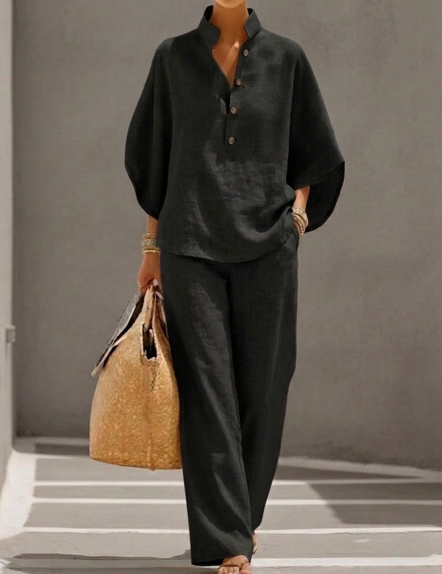 Mariel | Ensemble en Coton et Lin avec Manches Chauve-Souris et Pantalons Amples