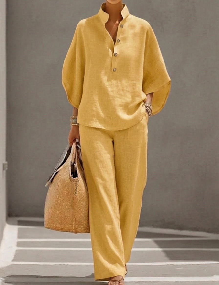 Mariel | Ensemble en Coton et Lin avec Manches Chauve-Souris et Pantalons Amples